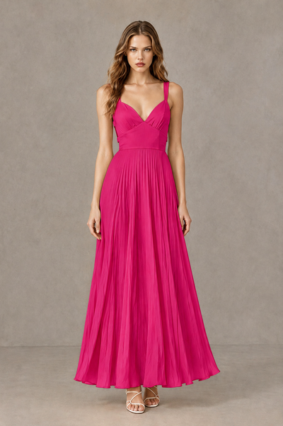 BOLODOO Hot Pink V-Neck Pleated Open-Back Maxi Dress - Hot Pink - Hot Pink_01