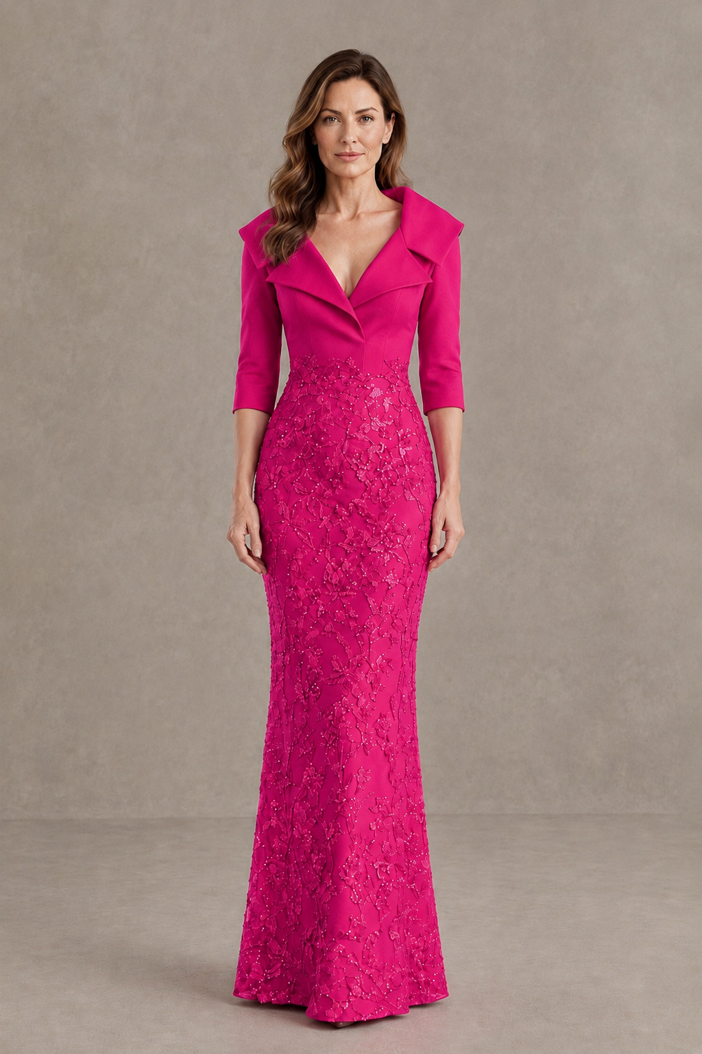 BOLODOO Hot Pink Three-Quarter Sleeve Mermaid Evening Dress with Floral Detail - Hot Pink - Hot Pink_01