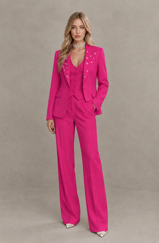 BOLODOO Hot Pink Women's Three-Piece Pantsuit with Blazer & Vest - Hot Pink - Hot Pink_01