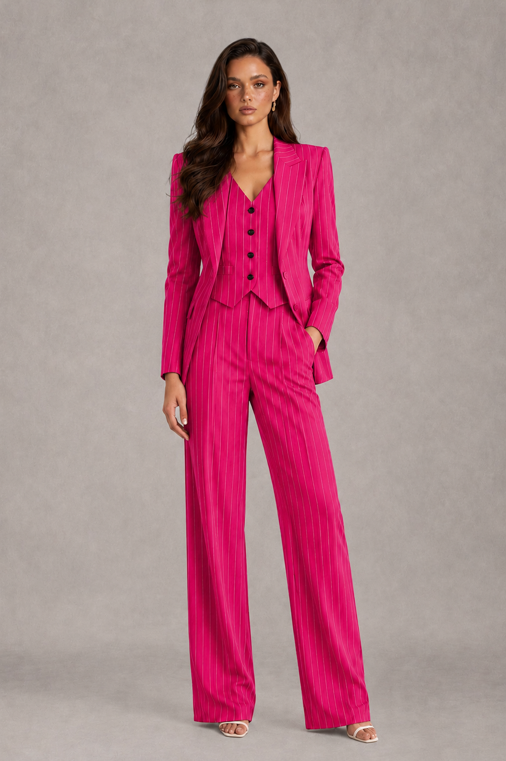 BOLODOO Women's Hot Pink Pinstripe Three-Piece Pantsuit with Wide-Leg Trousers - Hot Pink - Hot Pink_01