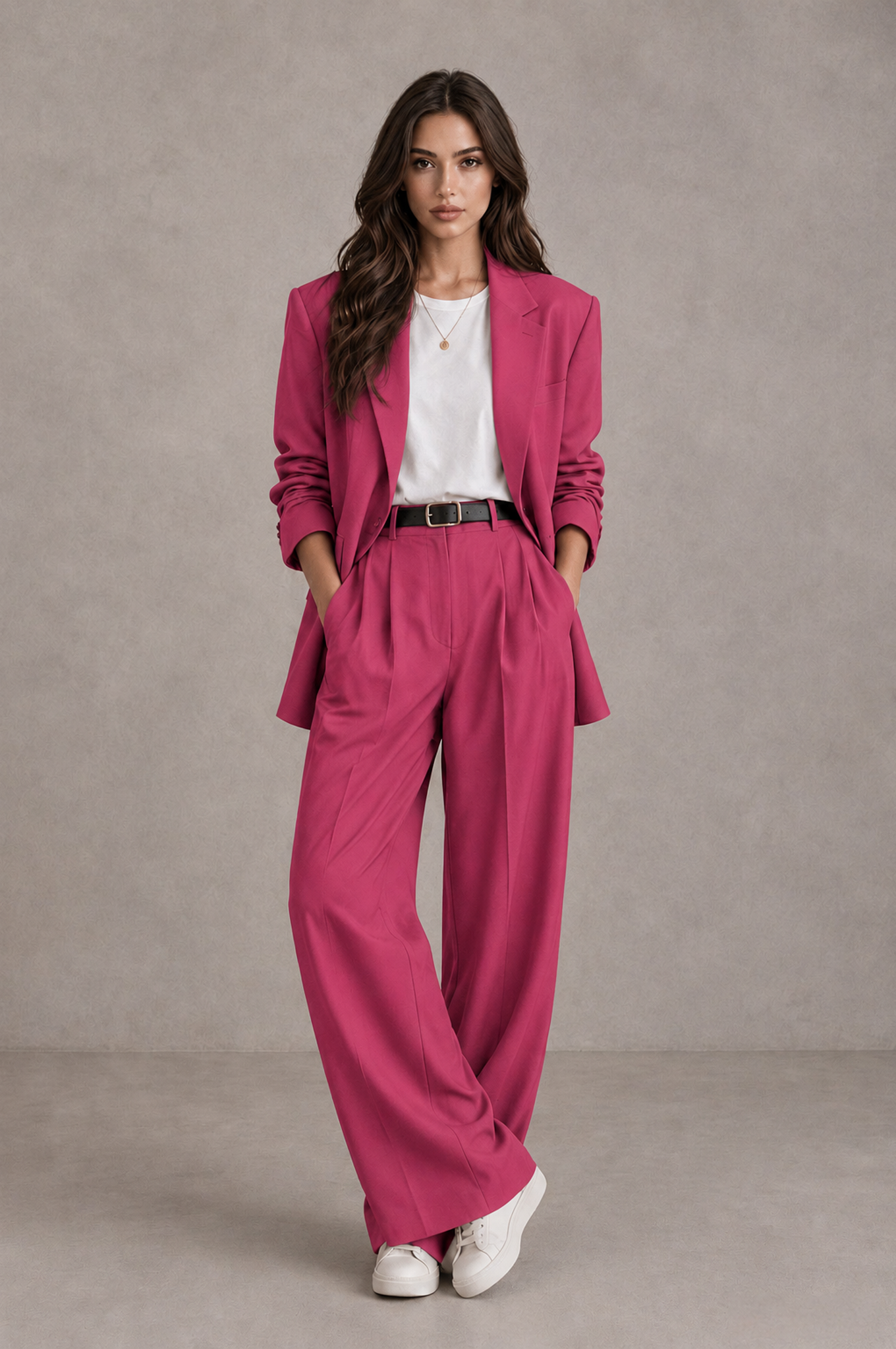 Hot Pink Brown Women's Blazer & Wide-Leg Pants Suit | BOLODOO
