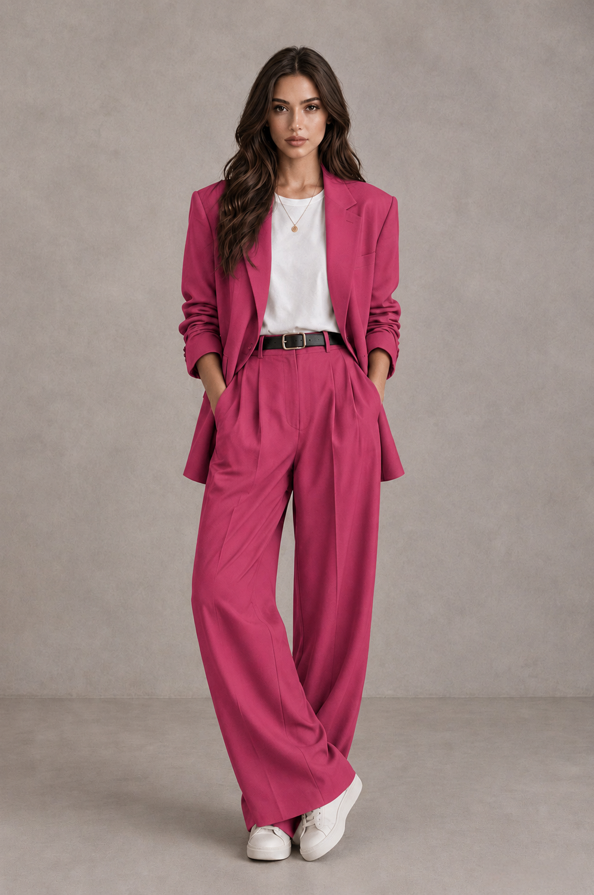 BOLODOO Hot Pink Brown Blazer & Wide-Leg Pants Suit for Women - Hot Pink - Hot Pink_01