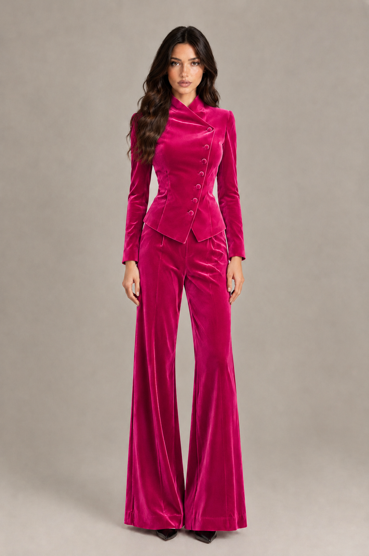 BOLODOO Hot Pink Velvet Two-Piece Pantsuit with Long Sleeve Blazer & Wide-Leg Trousers - Hot Pink - Hot Pink_01