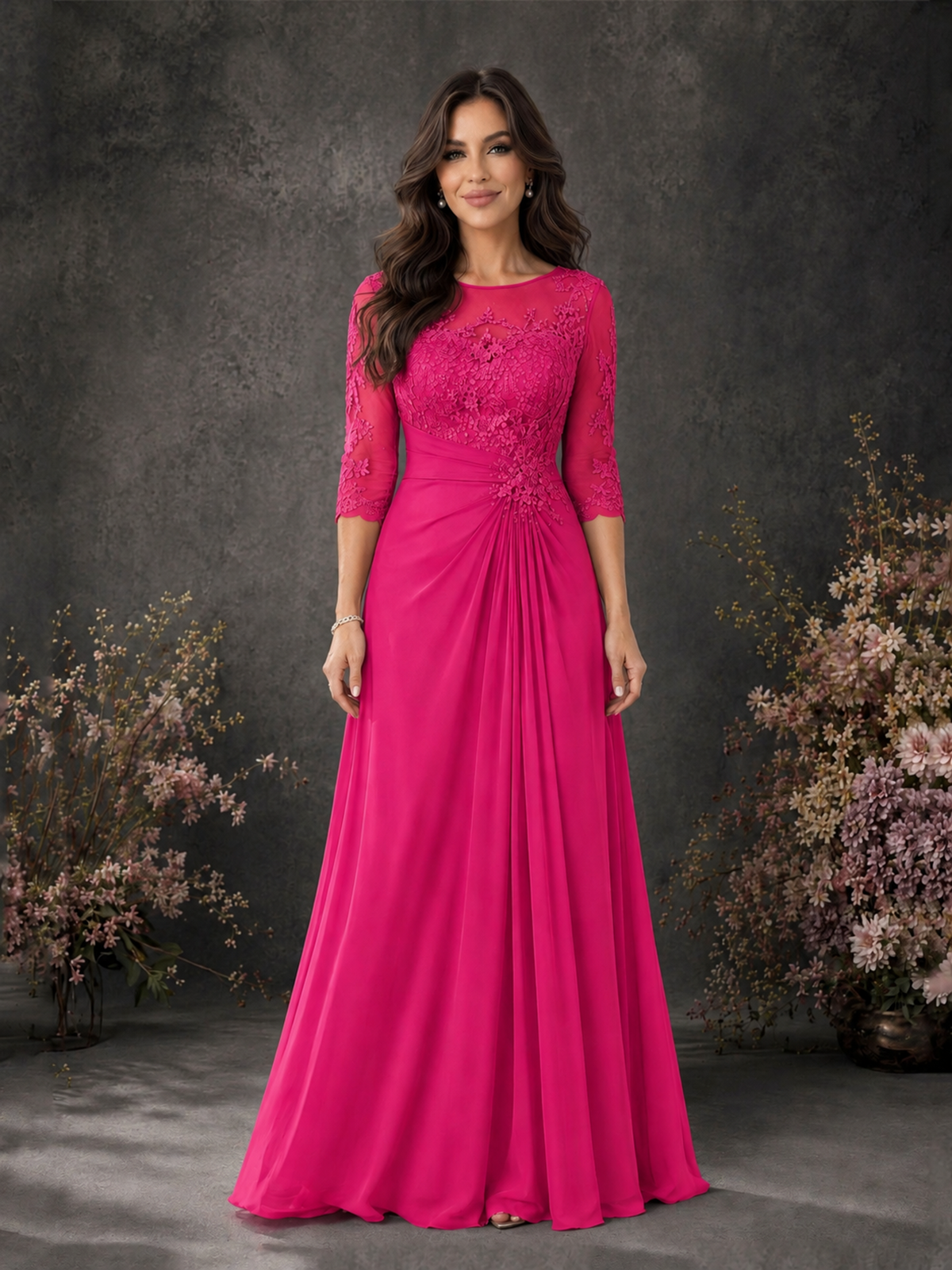 BOLODOO Hot Pink Chiffon Lace Illusion Neckline 3/4 Sleeve Floor Length Formal Gown - Hot Pink - Hot Pink_01