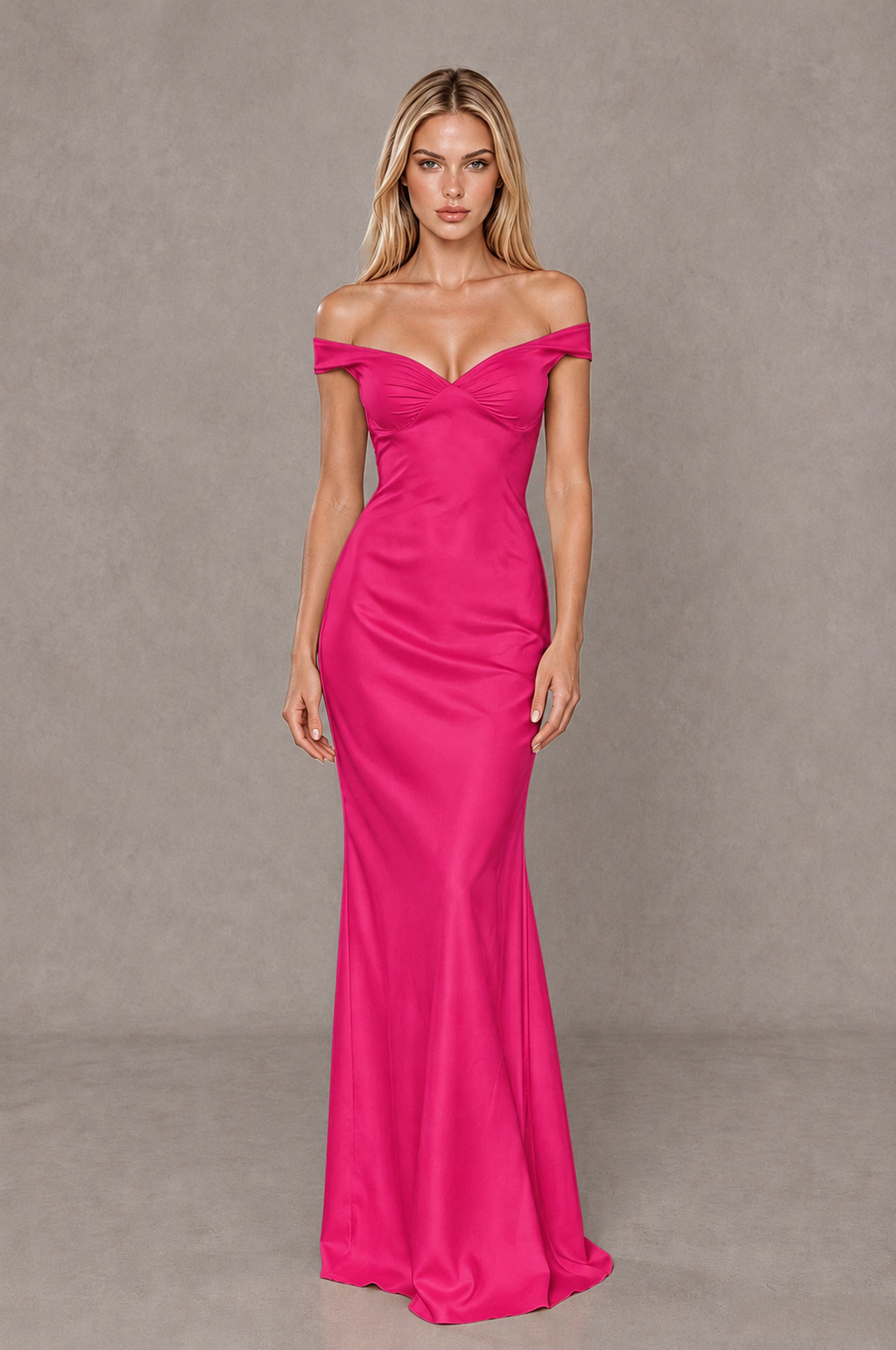 BOLODOO Hot Pink Off-Shoulder Open-Back Satin Evening Gown - Hot Pink - Hot Pink_01