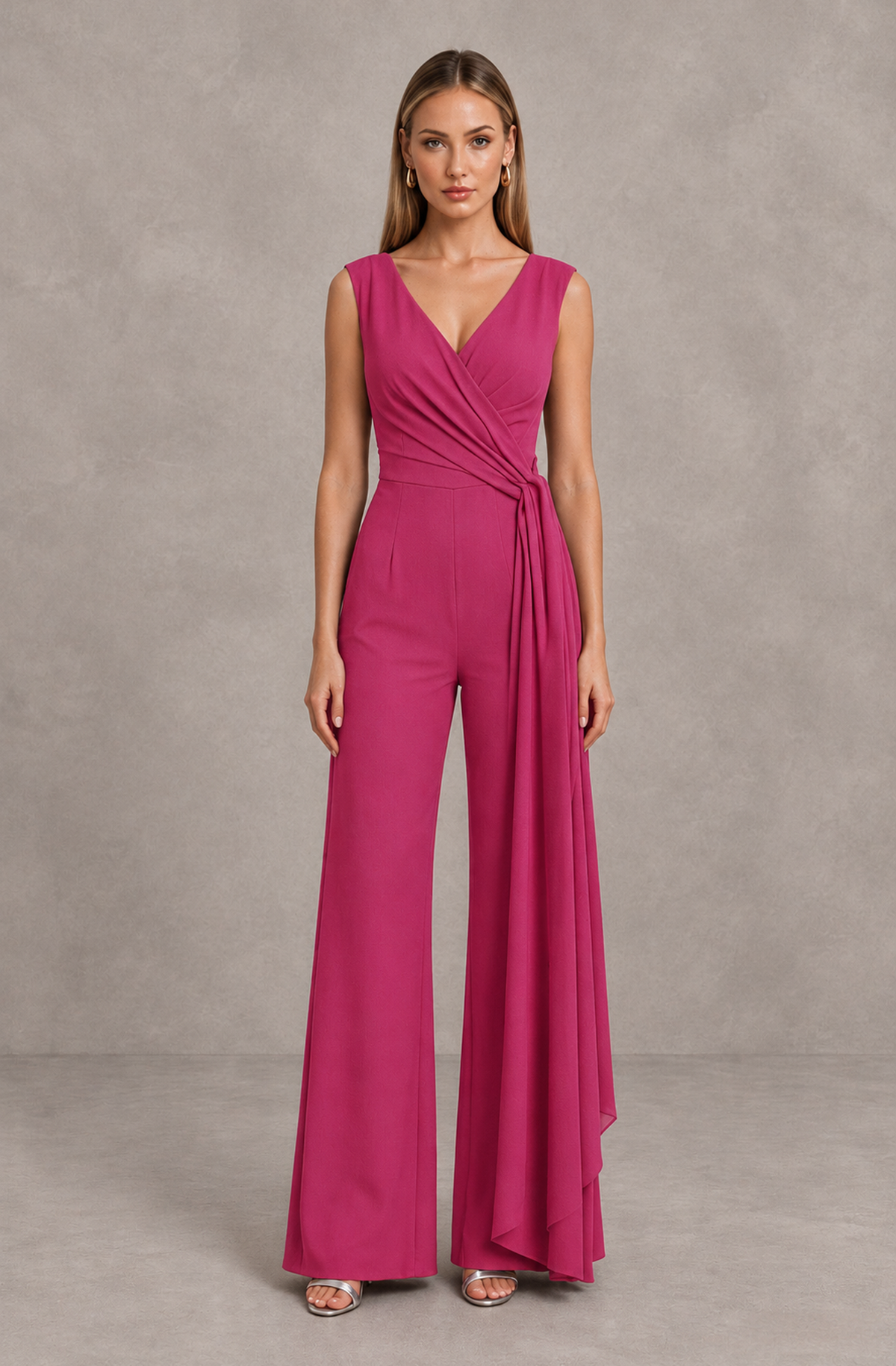 BOLODOO Hot Pink Sleeveless V-Neck Wide-Leg Jumpsuit with Side Drape - Hot Pink - Hot Pink_01