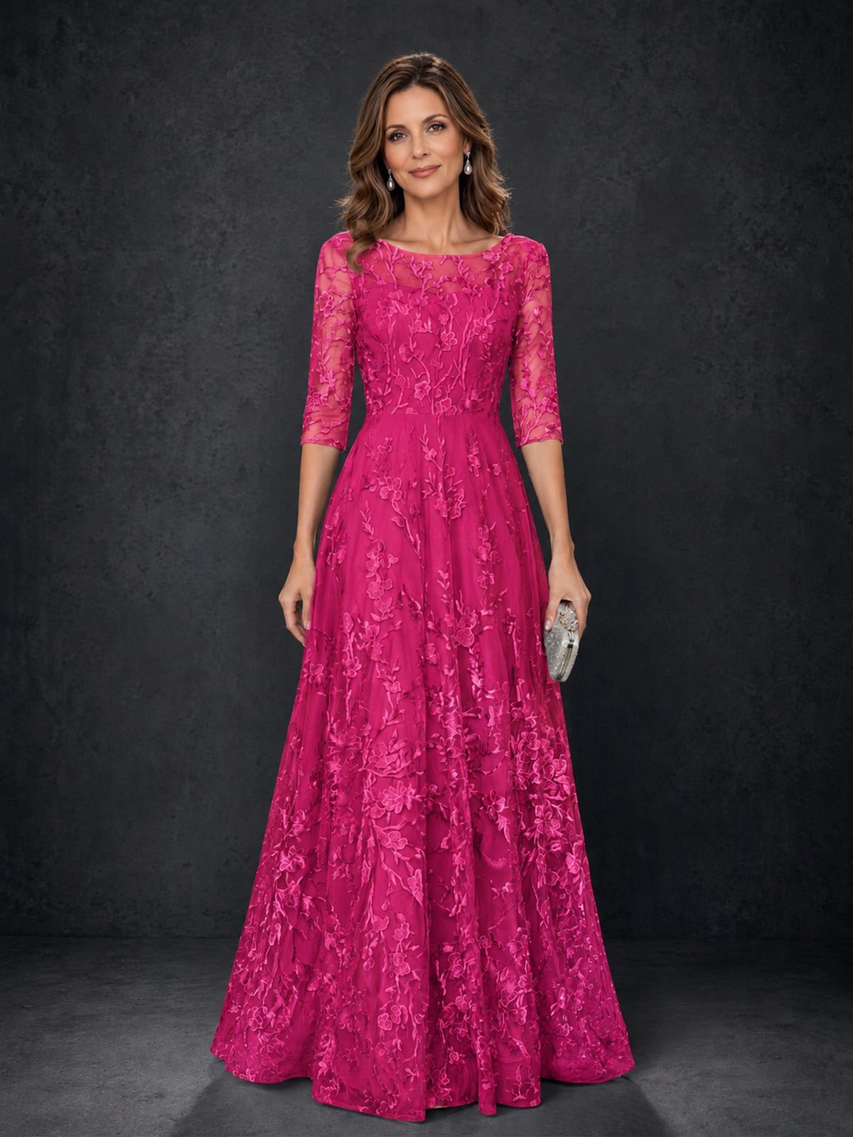 BOLODOO Hot Pink Illusion Bateau Neck 3/4 Sleeve Floral Lace A-Line Mother of the Bride Dress MX007 - Hot Pink - Hot Pink_01