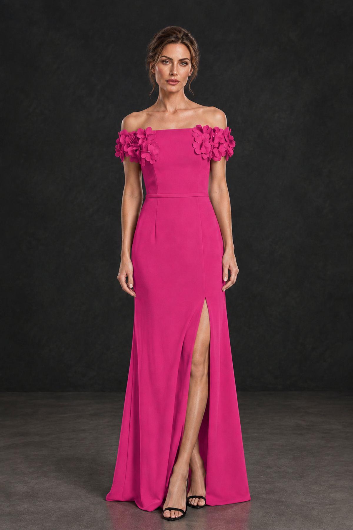 BOLODOO Hot Pink Off-the-Shoulder Mother of the Bride Dress with Floral Appliques - Hot Pink - Hot Pink_01