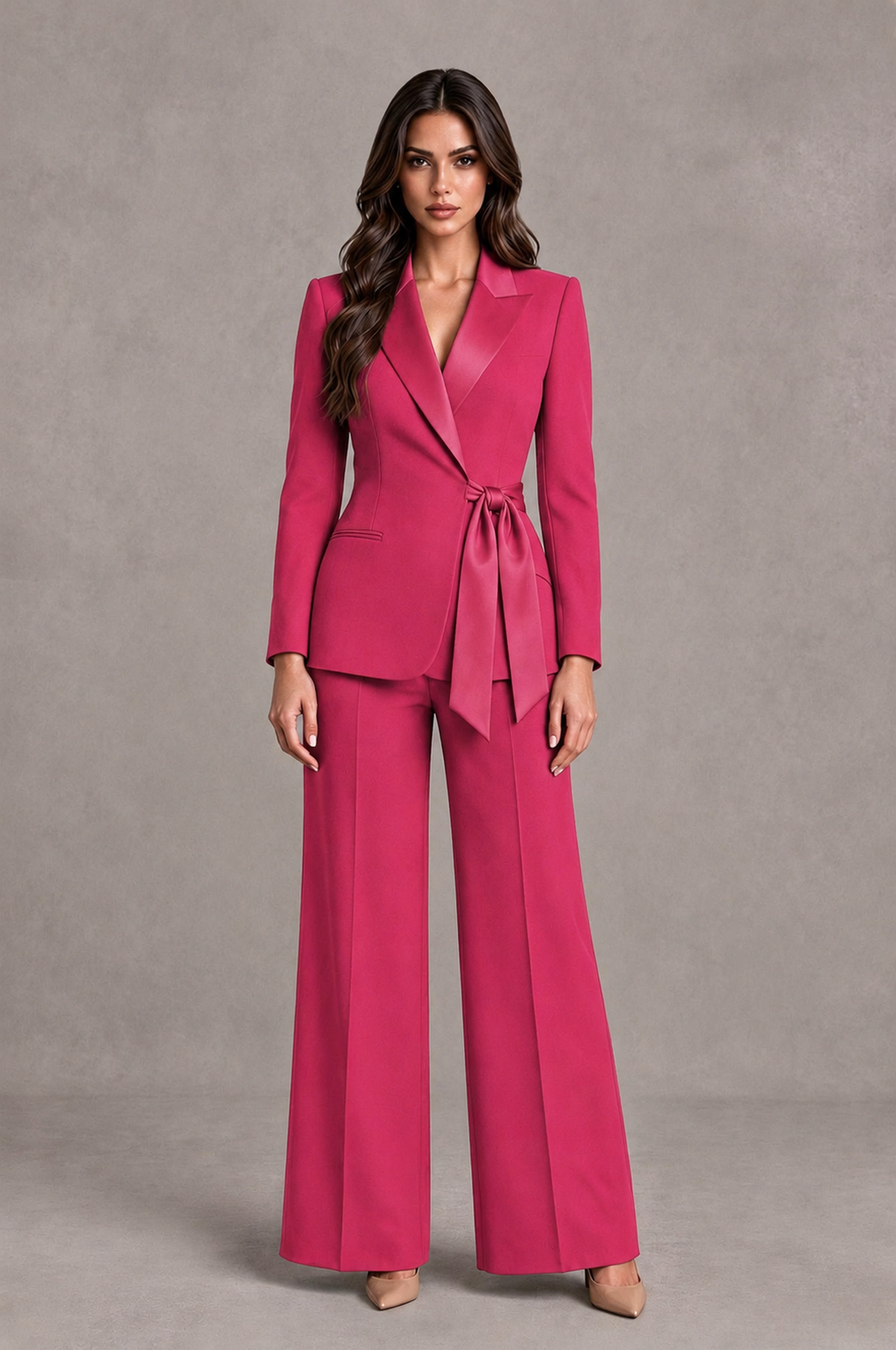 BOLODOO Hot Pink Tie-Waist Blazer & Wide-Leg Pantsuit - Hot Pink - Hot Pink_01