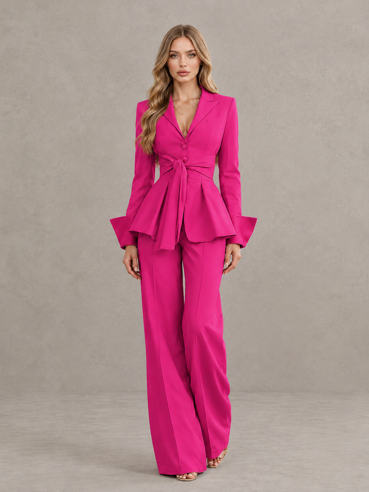BOLODOO Hot Pink Belted Peplum Pantsuit with Long Sleeves & Wide-Leg Trousers - Hot Pink - Hot Pink_01