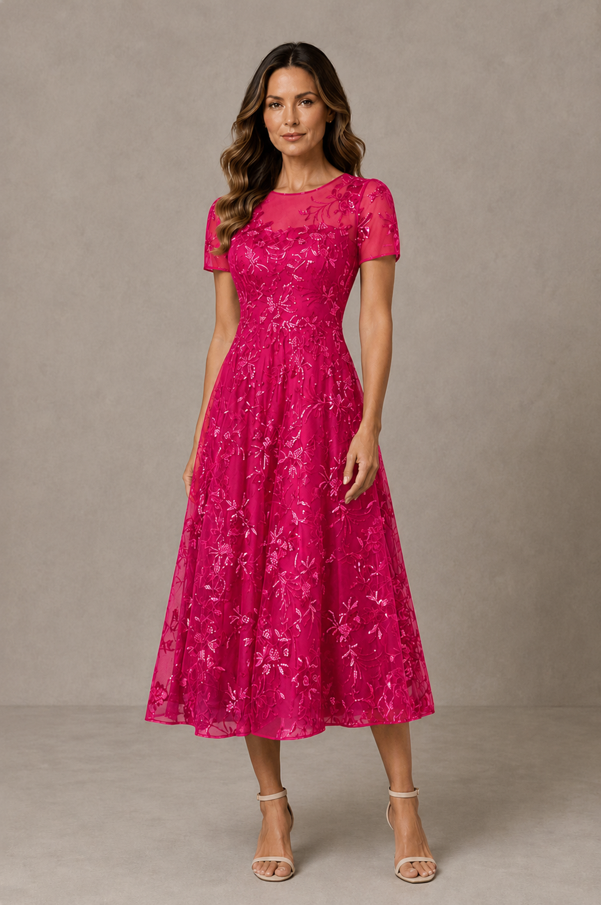 BOLODOO Hot Pink Textured Floral A-Line Dress with Short Sleeves - Hot Pink - Hot Pink_01