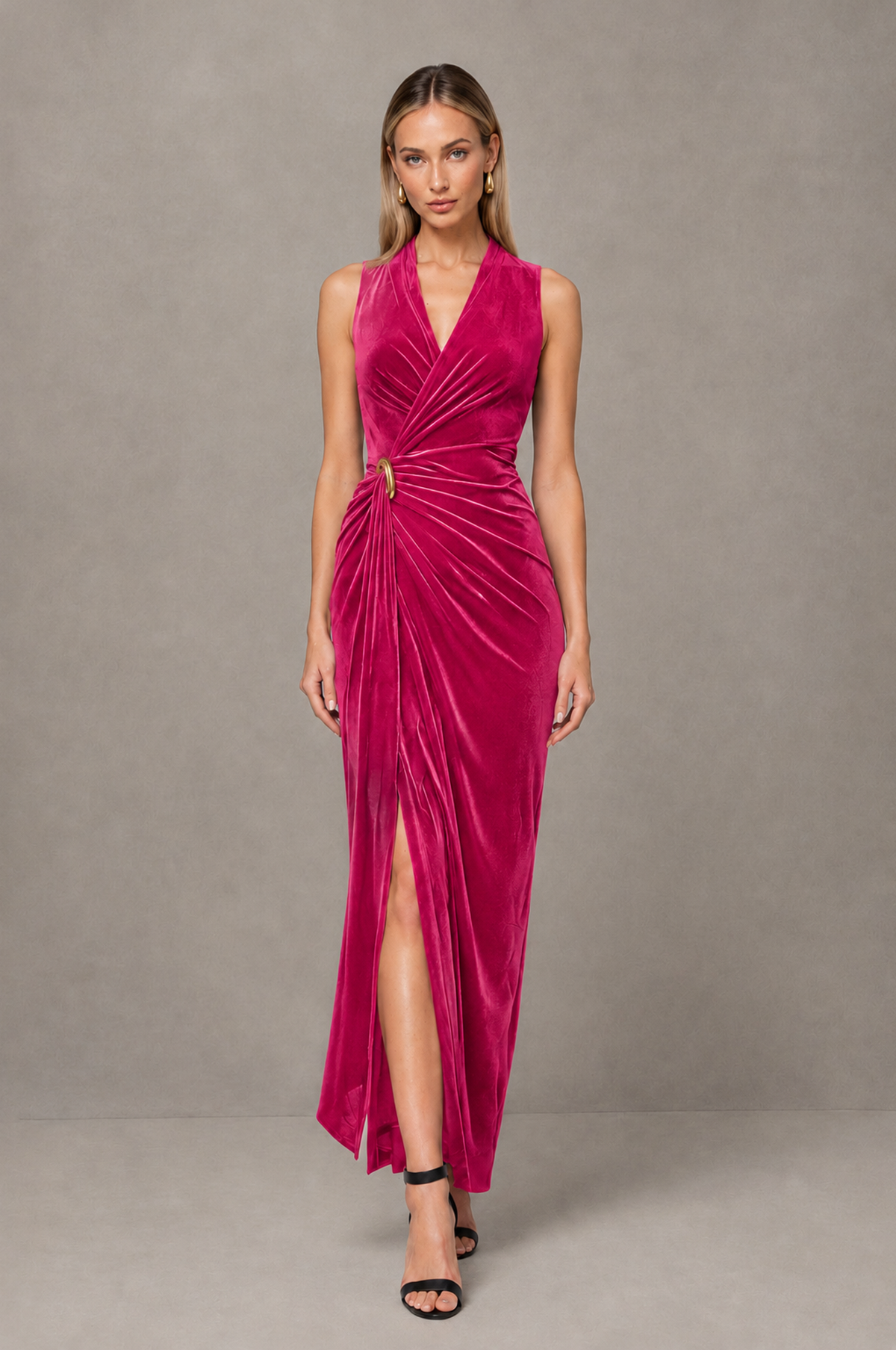 BOLODOO Hot Pink Velvet-Look Sleeveless V-Neck Ruched Slit Maxi Dress - Hot Pink - Hot Pink_01
