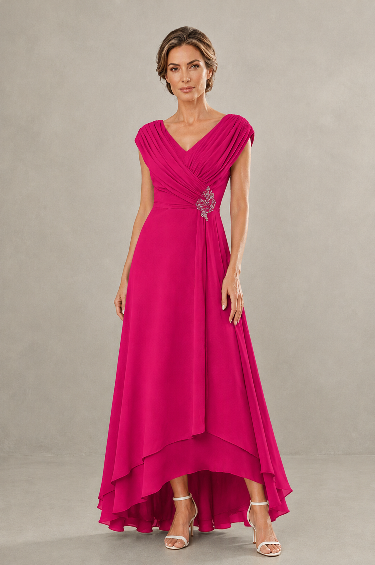 BOLODOO Hot Pink V-Neck High-Low Mother of the Bride Dress - Hot Pink - Hot Pink_01