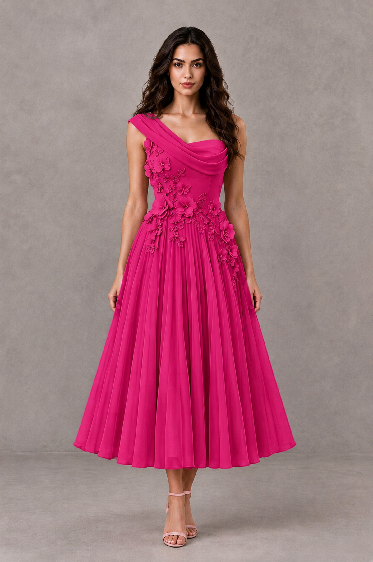 BOLODOO Hot Pink One-Shoulder Floral Tulle Tea-Length Dress - Hot Pink - Hot Pink_01