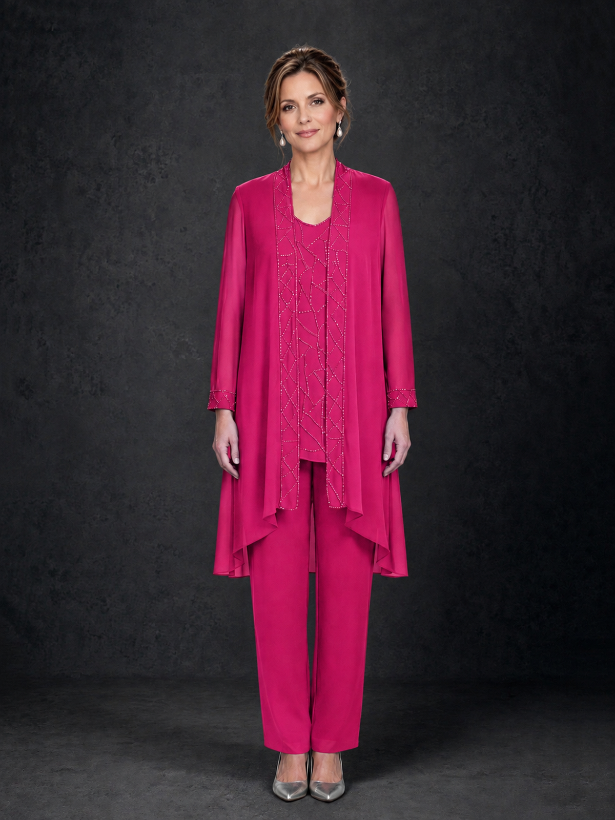 BOLODOO Hot Pink 3-Piece Beaded Chiffon Duster Jacket Pant Suit - Hot Pink - Hot Pink_01