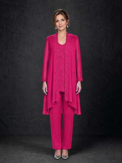 BOLODOO Hot Pink 3-Piece Beaded Chiffon Duster Jacket Pant Suit - Hot Pink - Hot Pink_01