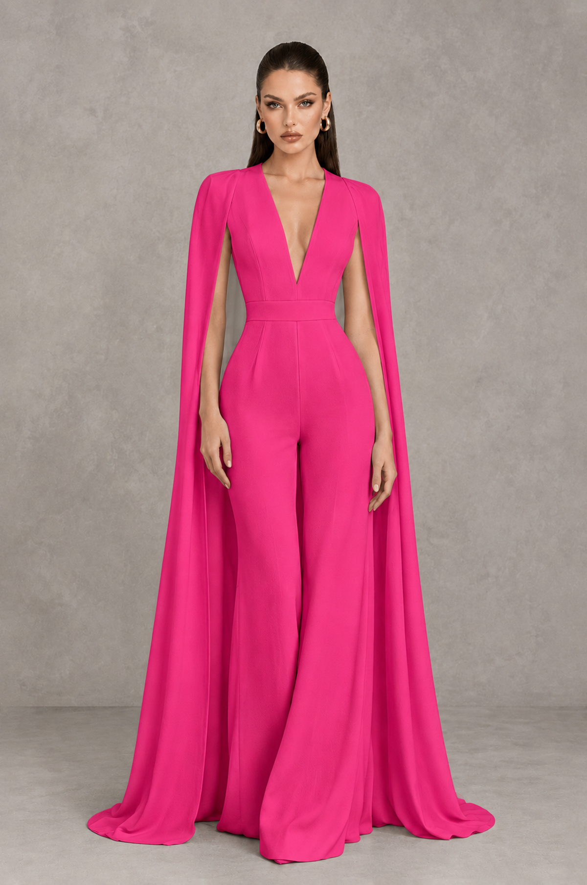 BOLODOO Hot Pink Deep V-Neck Cape Sleeve Bridal Jumpsuit - Hot Pink - Hot Pink_01