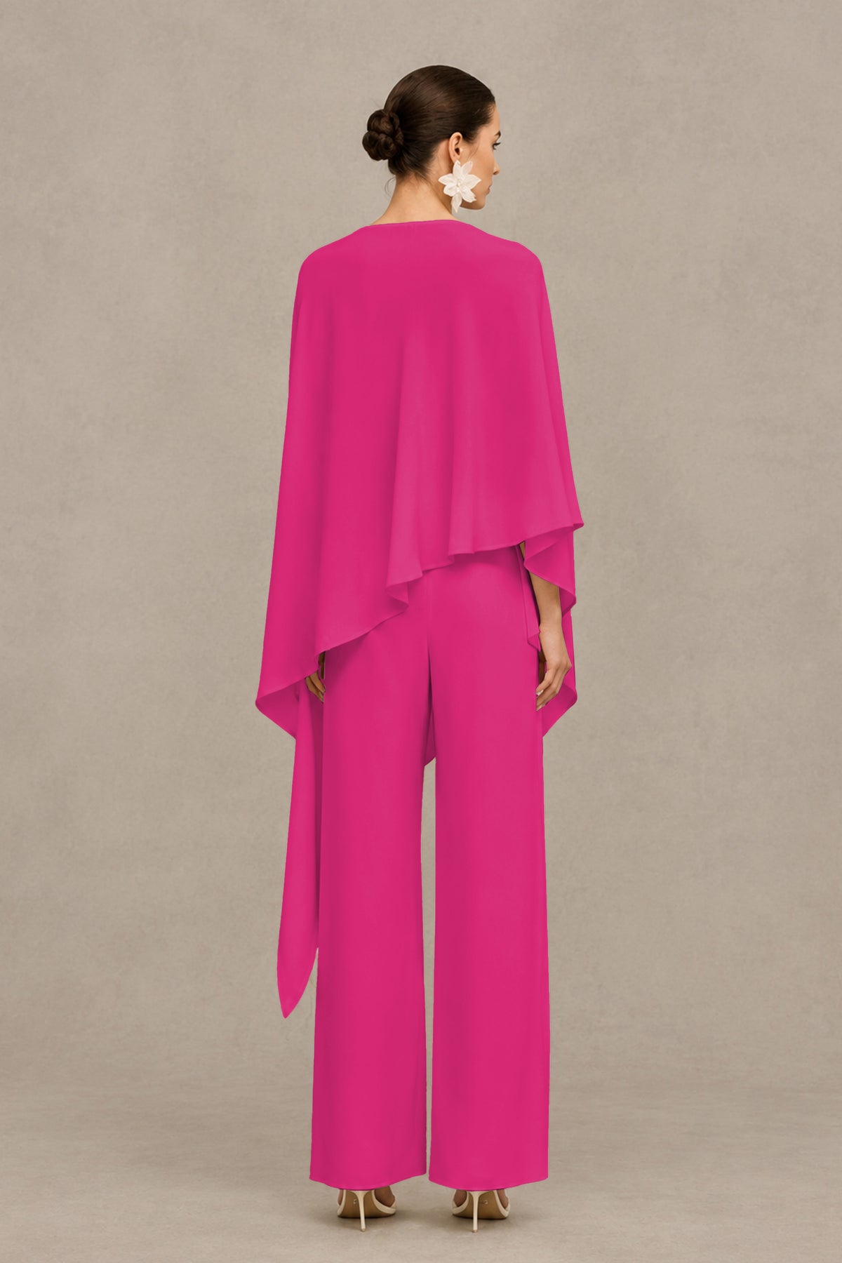 BOLODOO Hot Pink Cape Sleeve Wide-Leg Formal Pantsuit - Hot Pink - Hot Pink_02