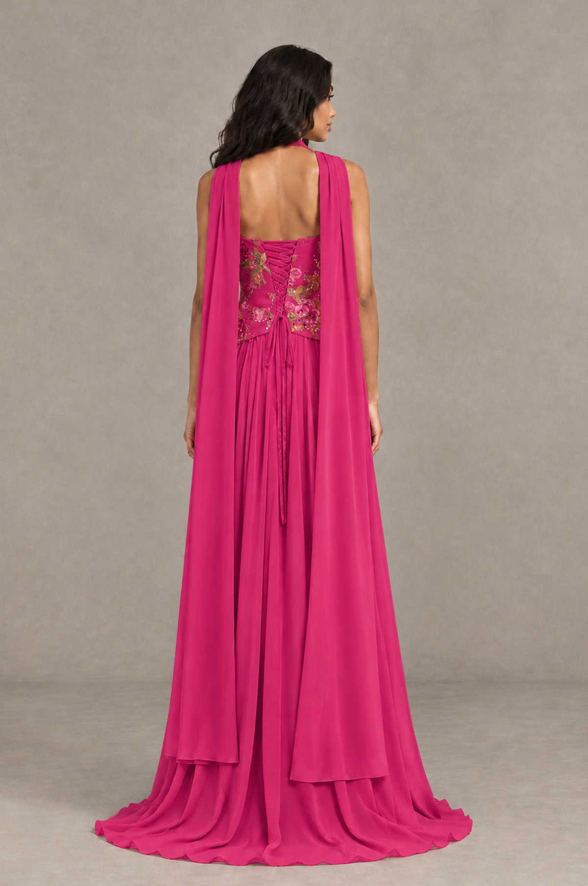 BOLODOO Hot Pink Strapless Beaded Floral Corset Chiffon Maxi Gown – Open Back Prom & Formal Evening Dress - Hot Pink - Hot Pink_02