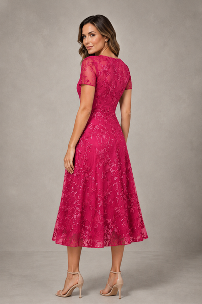 BOLODOO Hot Pink Textured Floral A-Line Dress with Short Sleeves - Hot Pink - Hot Pink_02