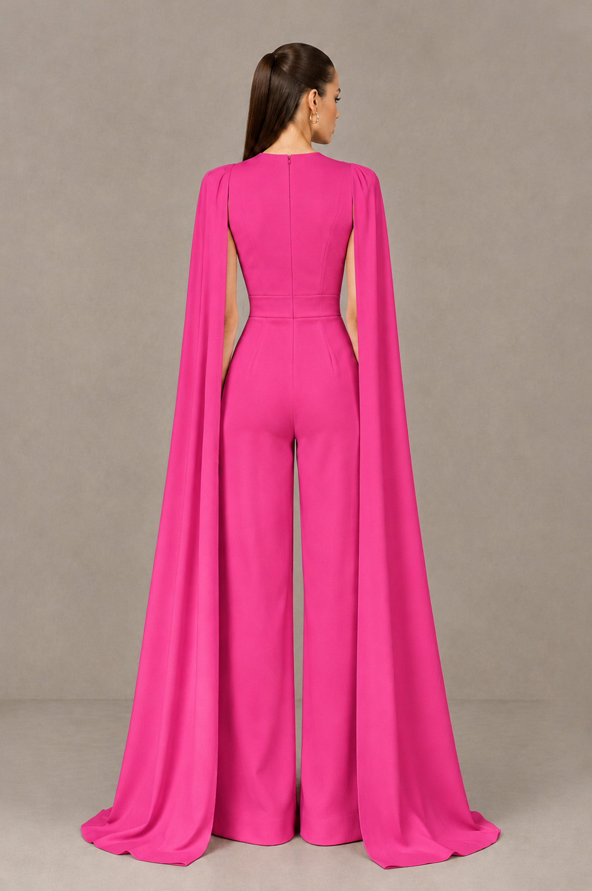 BOLODOO Hot Pink Deep V-Neck Cape Sleeve Bridal Jumpsuit - Hot Pink - Hot Pink_02