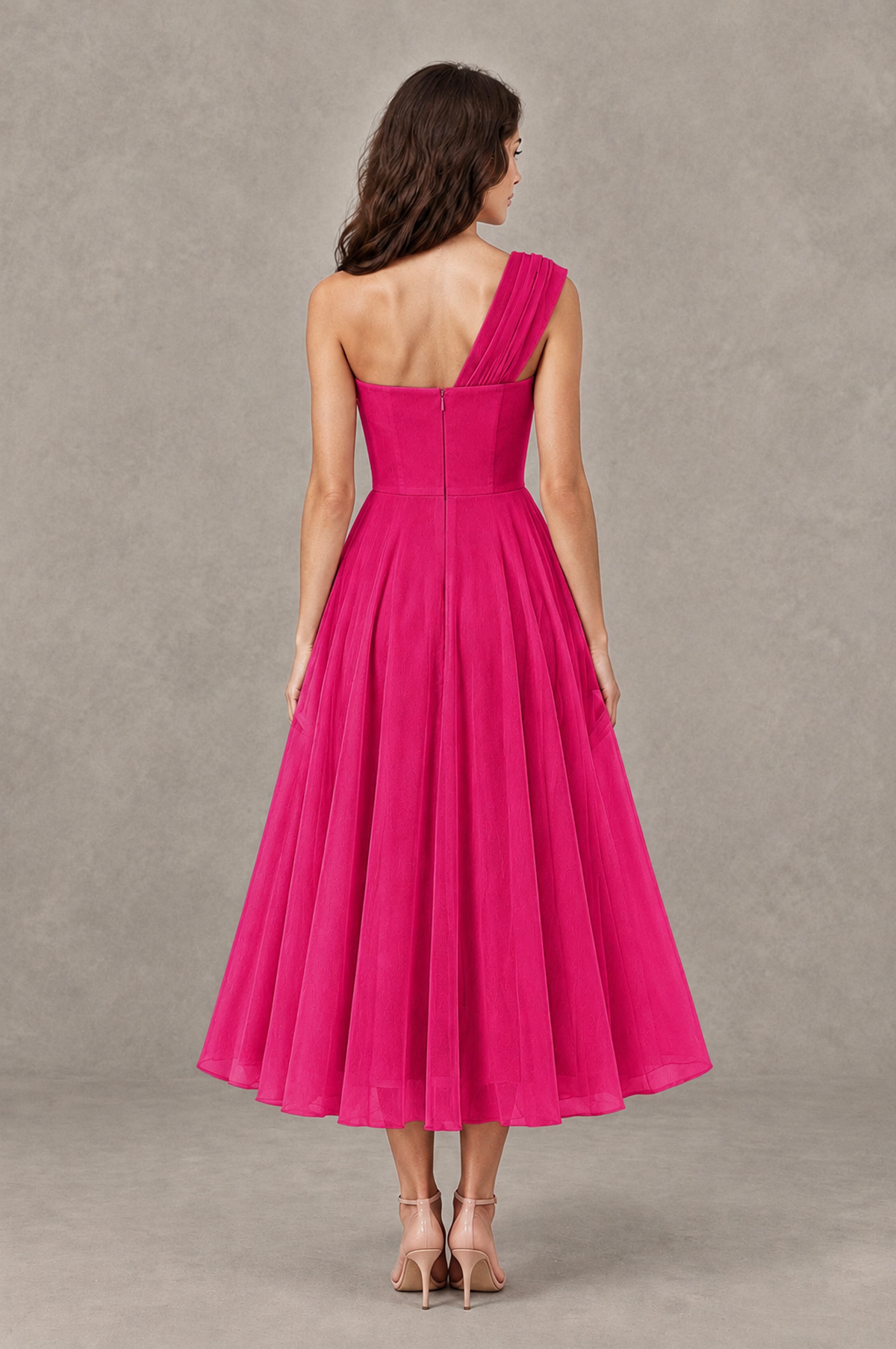 BOLODOO Hot Pink One-Shoulder Floral Tulle Tea-Length Dress - Hot Pink - Hot Pink_02