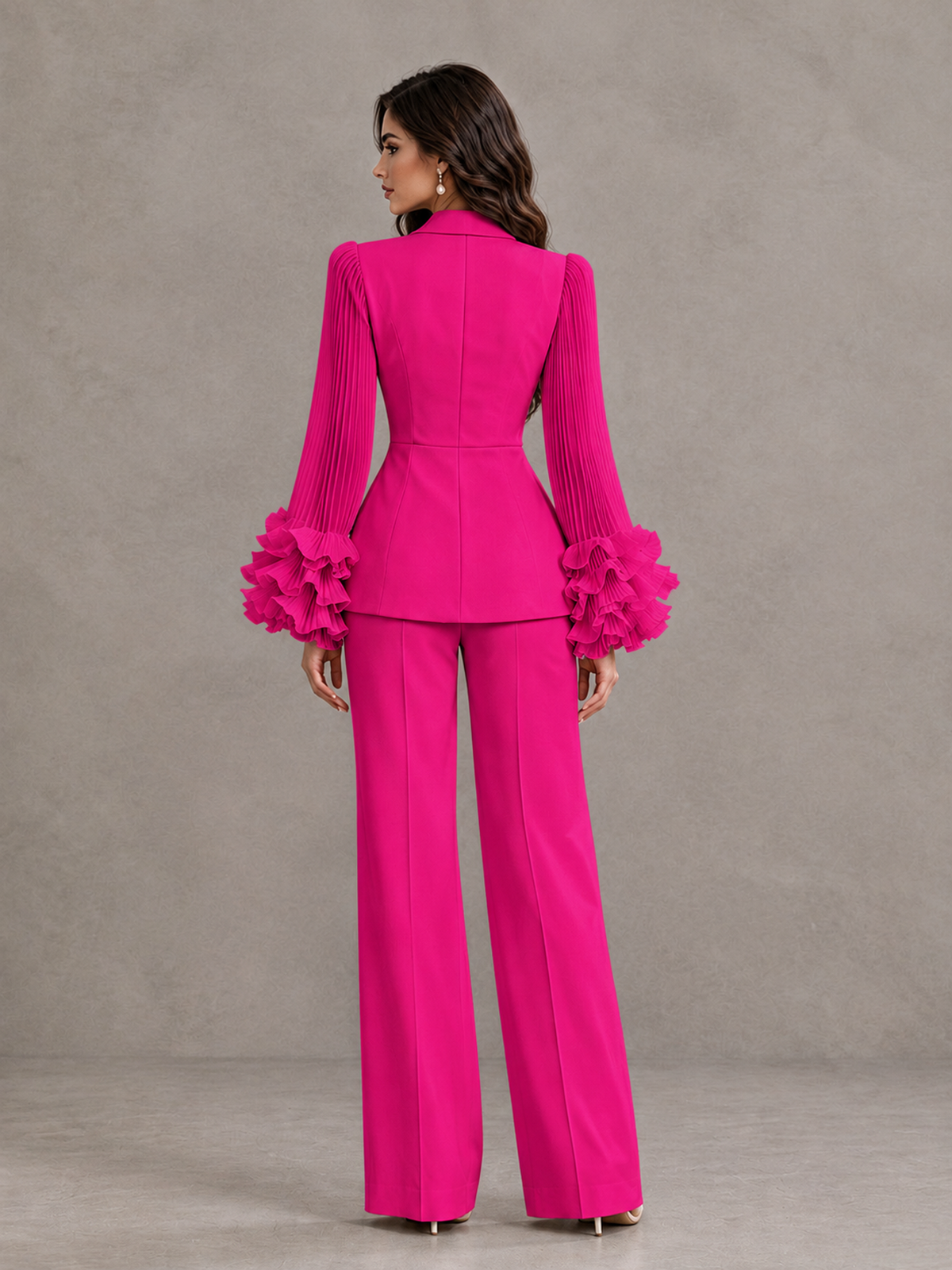BOLODOO Hot Pink Mother of the Bride Pant Suit – Pleated Long Sleeve Ruffle Cuff Wide Leg Trouser Suit - Hot Pink - Hot Pink_02