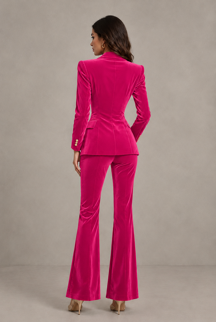BOLODOO Hot Pink Velvet Double-Breasted Blazer & Pants Two-Piece Suit - Hot Pink - Hot Pink_02