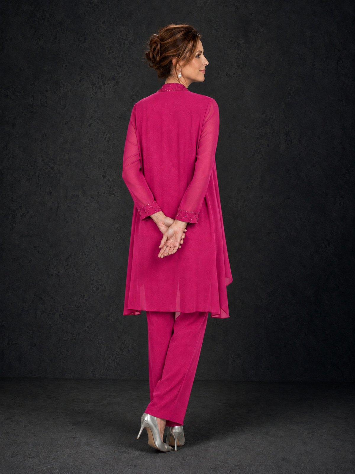 BOLODOO Hot Pink 3-Piece Beaded Chiffon Duster Jacket Pant Suit - Hot Pink - Hot Pink_02