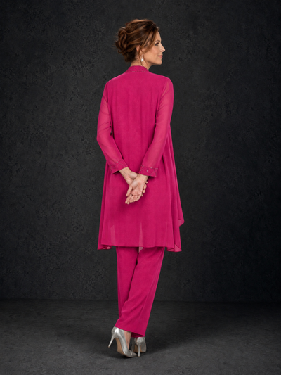 BOLODOO Hot Pink 3-Piece Beaded Chiffon Duster Jacket Pant Suit - Hot Pink - Hot Pink_02
