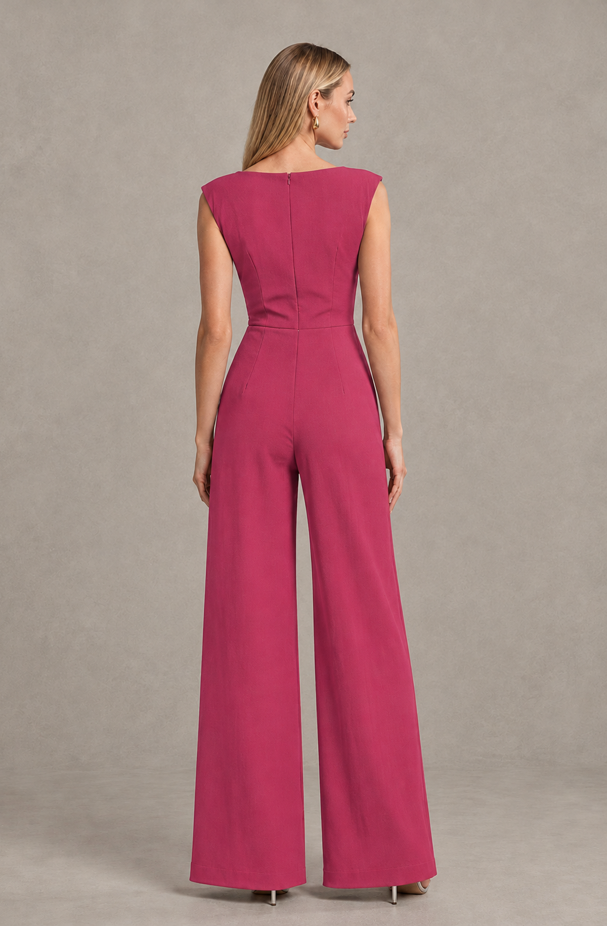 BOLODOO Hot Pink Sleeveless V-Neck Wide-Leg Jumpsuit with Side Drape - Hot Pink - Hot Pink_02