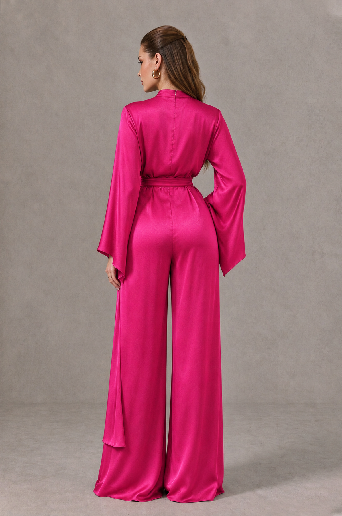 BOLODOO Hot Pink Satin-Look Long Sleeve Wide-Leg Jumpsuit - Hot Pink - Hot Pink_02