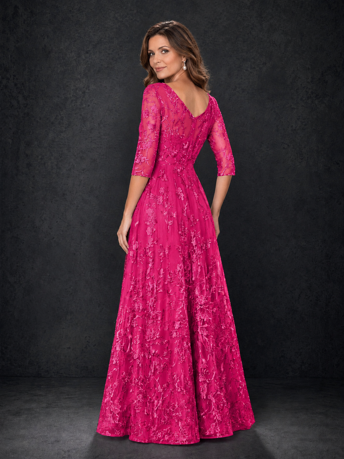 BOLODOO Hot Pink Illusion Bateau Neck 3/4 Sleeve Floral Lace A-Line Mother of the Bride Dress MX007 - Hot Pink - Hot Pink_02