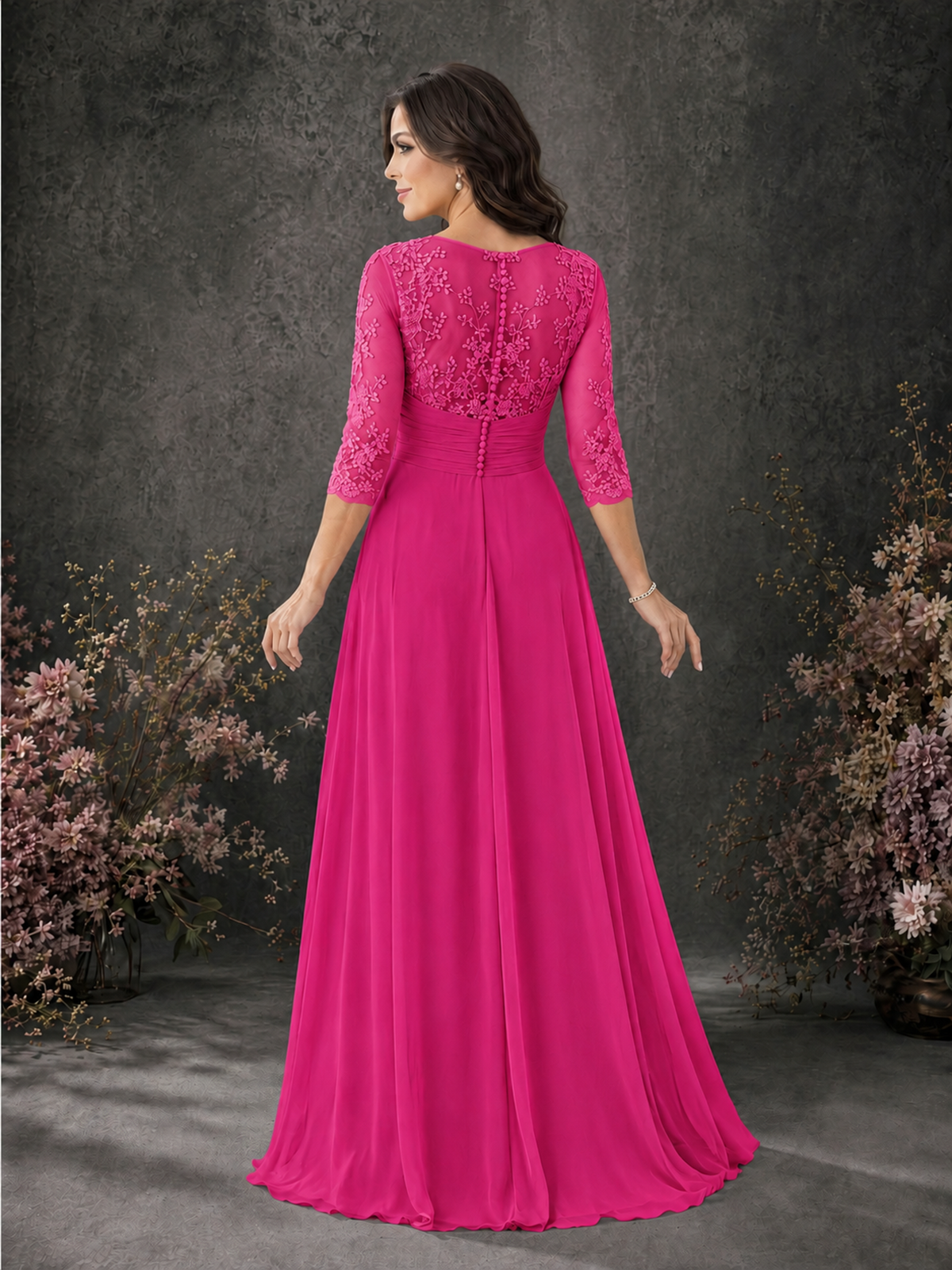 BOLODOO Hot Pink Chiffon Lace Illusion Neckline 3/4 Sleeve Floor Length Formal Gown - Hot Pink - Hot Pink_02