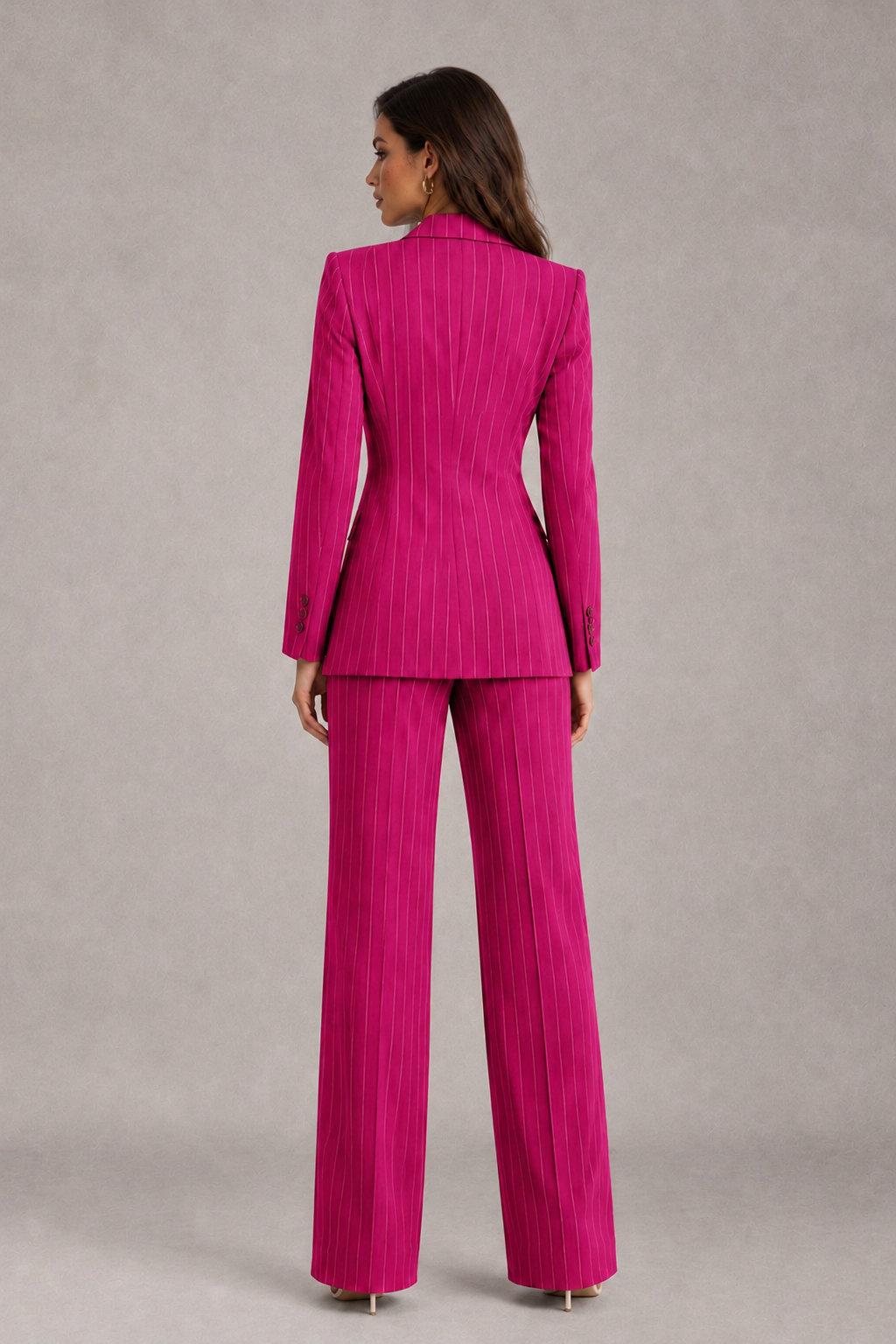 BOLODOO Women's Hot Pink Pinstripe Three-Piece Pantsuit with Wide-Leg Trousers - Hot Pink - Hot Pink_02