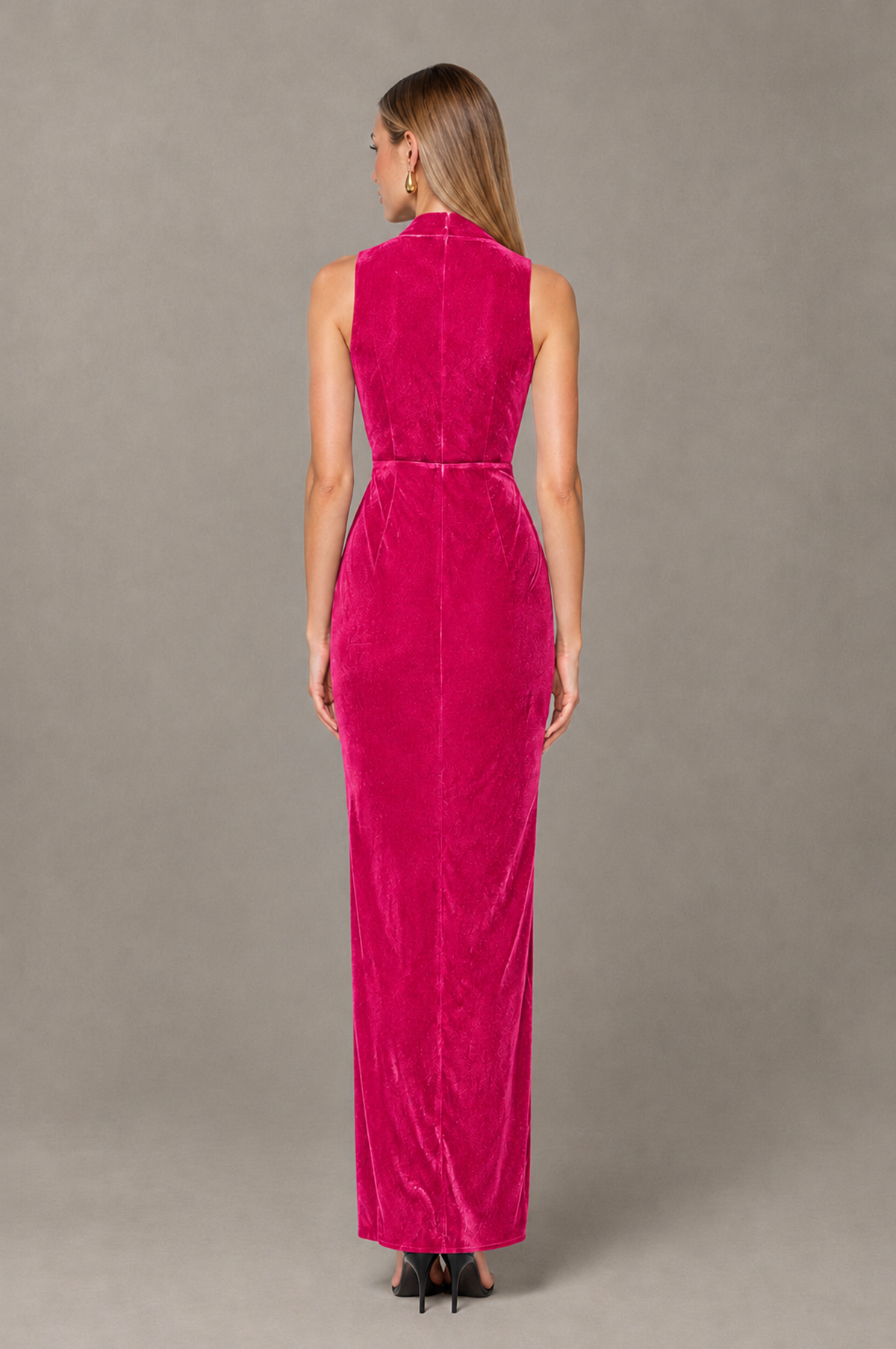 BOLODOO Hot Pink Velvet-Look Sleeveless V-Neck Ruched Slit Maxi Dress - Hot Pink - Hot Pink_02