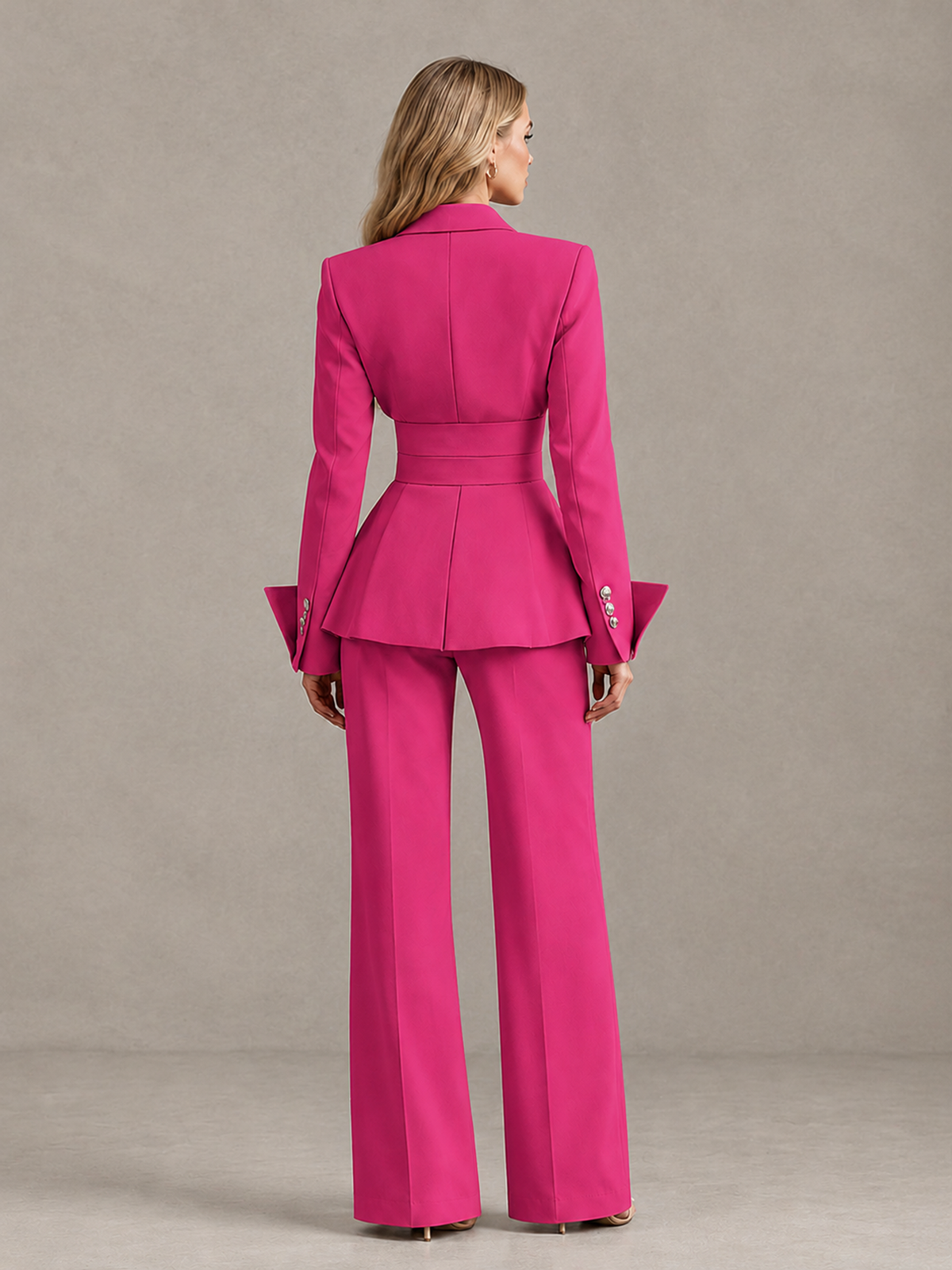 BOLODOO Hot Pink Belted Peplum Pantsuit with Long Sleeves & Wide-Leg Trousers - Hot Pink - Hot Pink_02