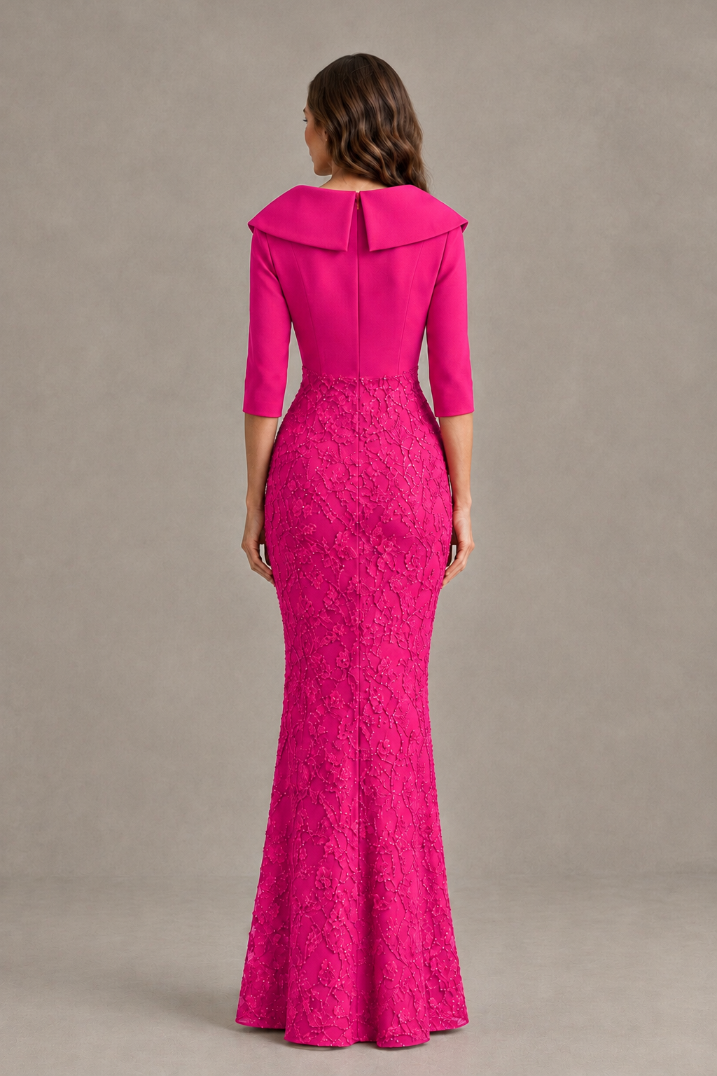 BOLODOO Hot Pink Three-Quarter Sleeve Mermaid Evening Dress with Floral Detail - Hot Pink - Hot Pink_02