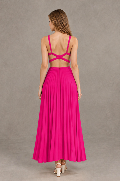 BOLODOO Hot Pink V-Neck Pleated Open-Back Maxi Dress - Hot Pink - Hot Pink_02