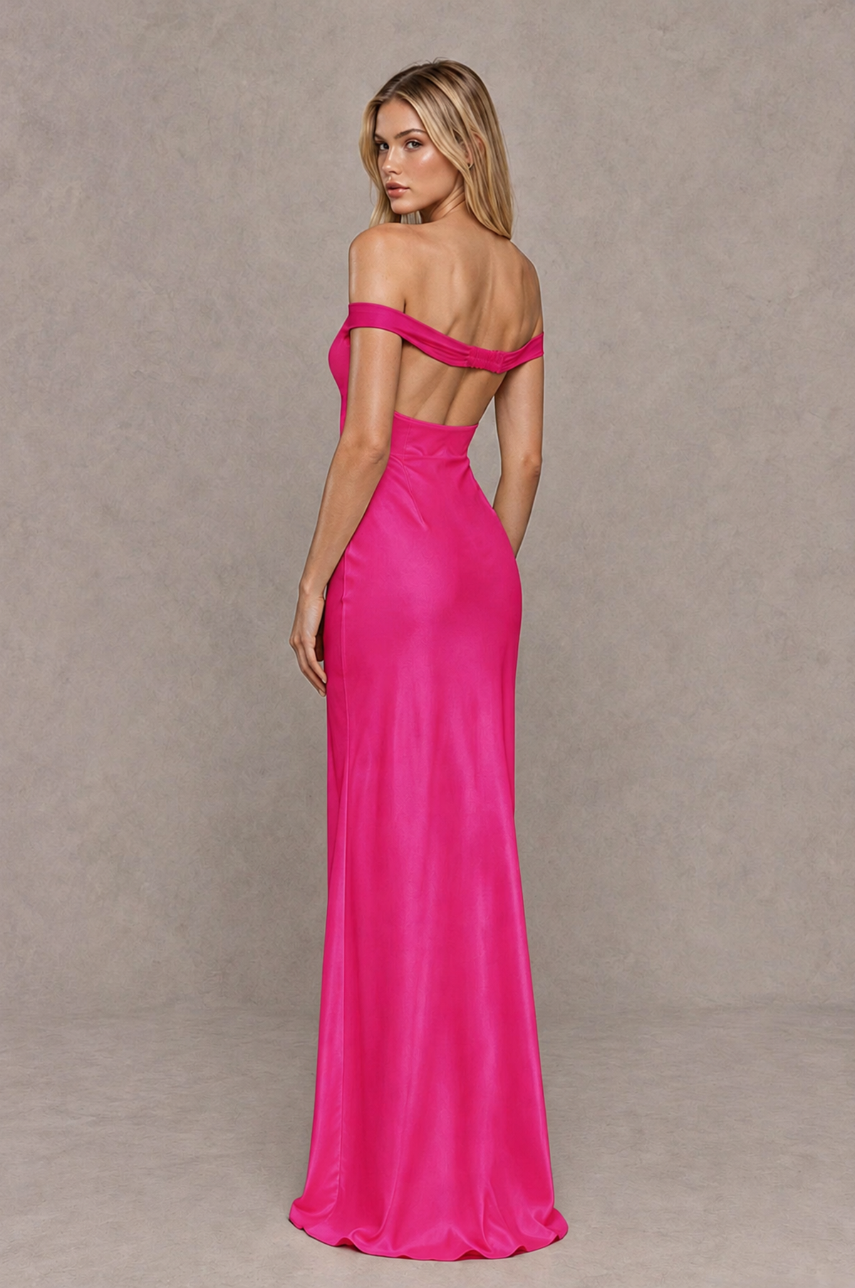BOLODOO Hot Pink Off-Shoulder Open-Back Satin Evening Gown - Hot Pink - Hot Pink_02