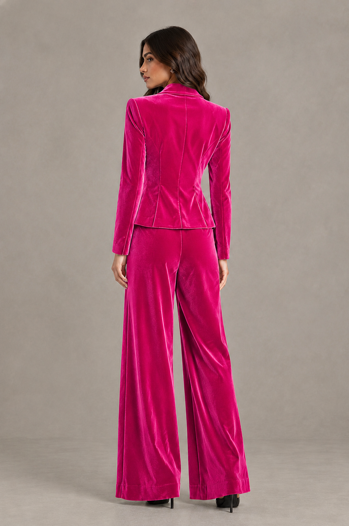 BOLODOO Hot Pink Velvet Two-Piece Pantsuit with Long Sleeve Blazer & Wide-Leg Trousers - Hot Pink - Hot Pink_02