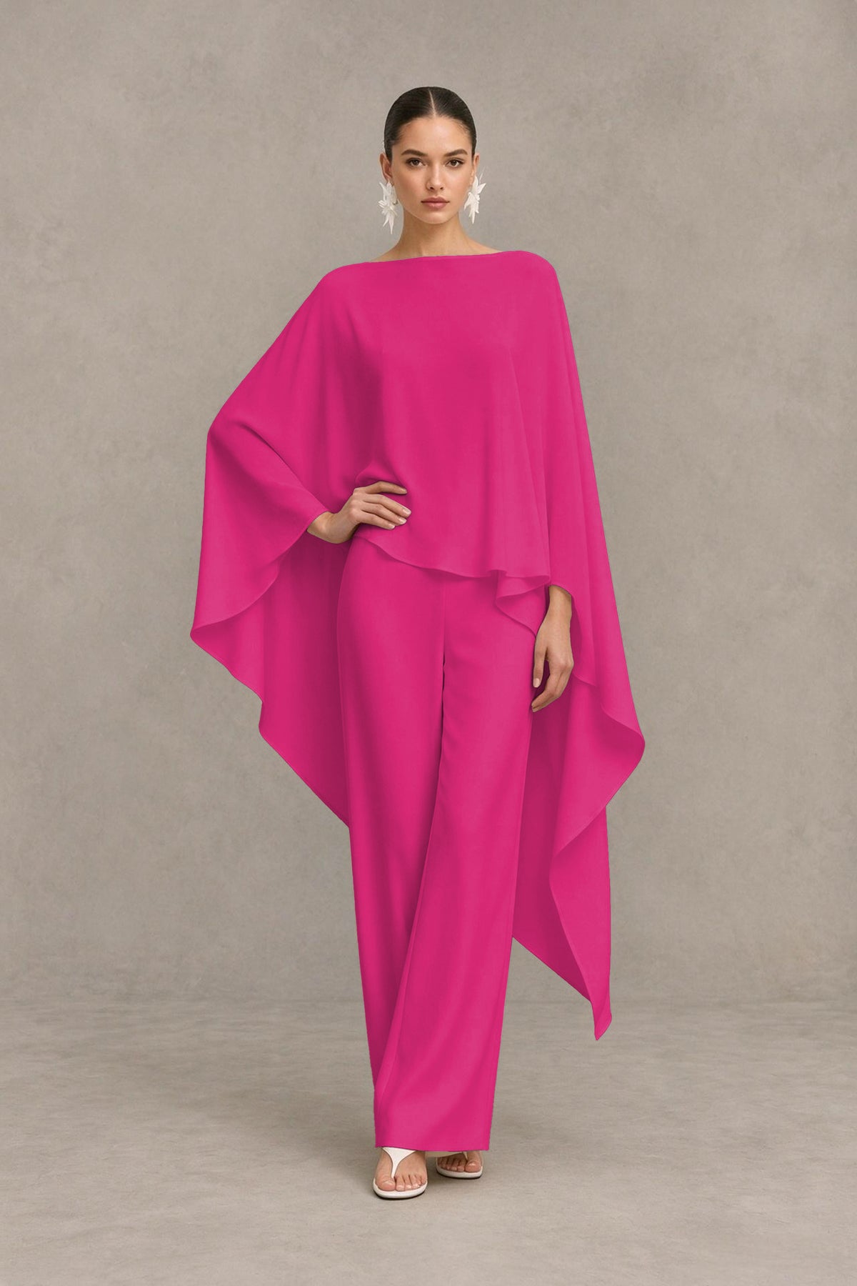 BOLODOO Hot Pink Cape Sleeve Wide-Leg Formal Pantsuit - Hot Pink - Hot Pink_03