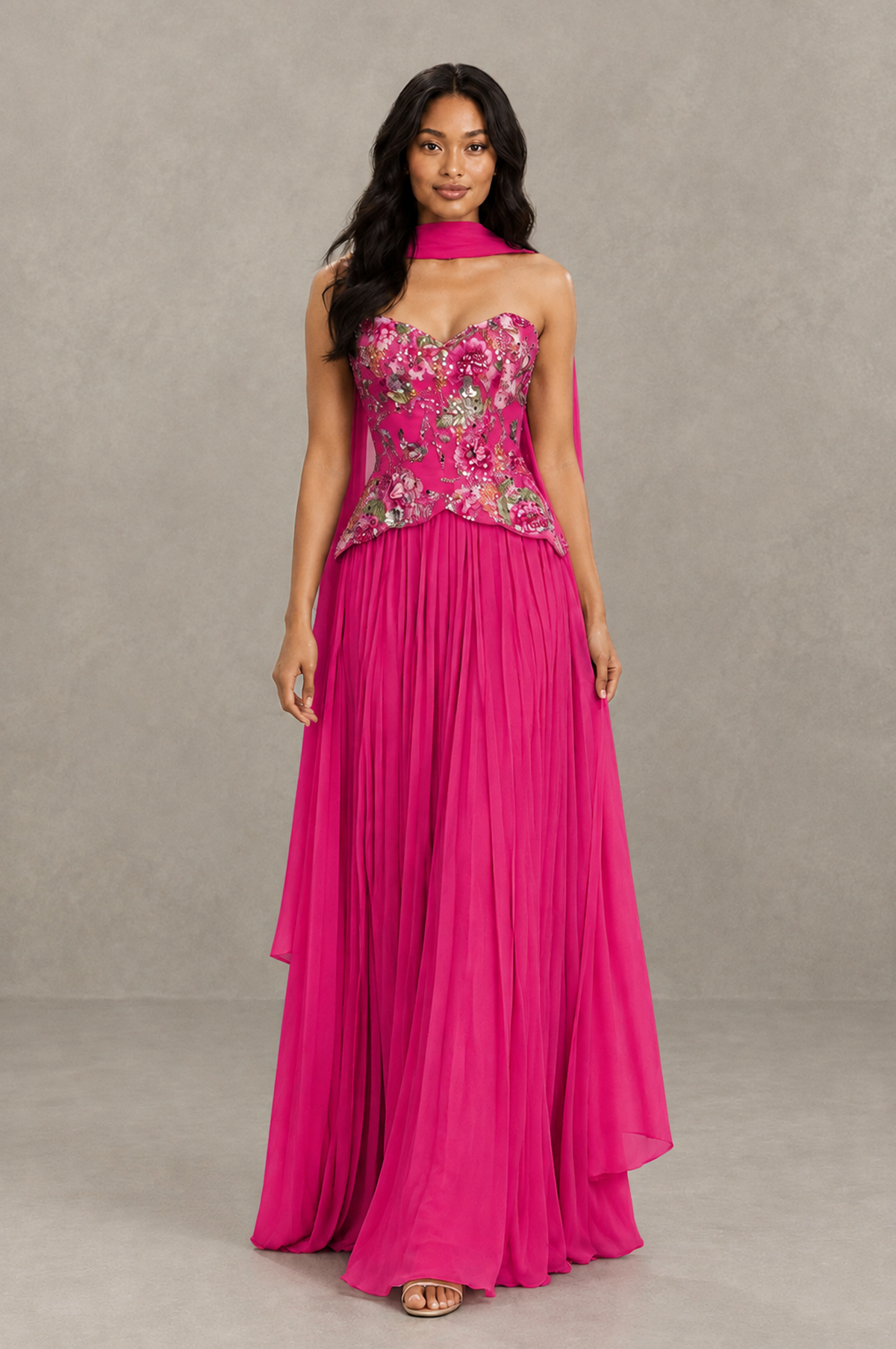 BOLODOO Hot Pink Strapless Beaded Floral Corset Chiffon Maxi Gown – Open Back Prom & Formal Evening Dress - Hot Pink - Hot Pink_03
