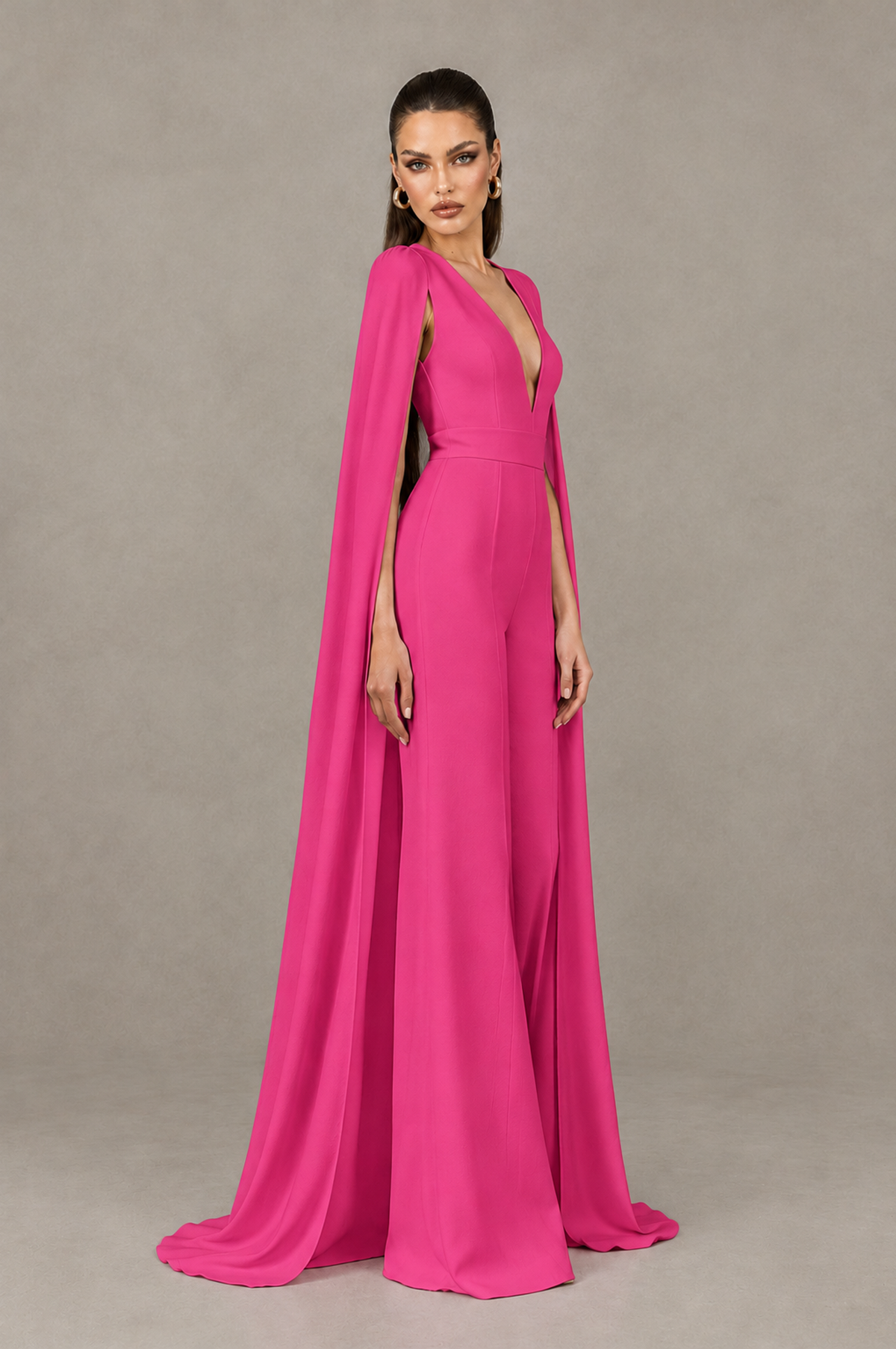 BOLODOO Hot Pink Deep V-Neck Cape Sleeve Bridal Jumpsuit - Hot Pink - Hot Pink_03