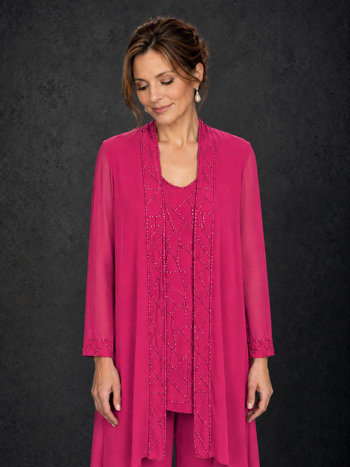 BOLODOO Hot Pink 3-Piece Beaded Chiffon Duster Jacket Pant Suit - Hot Pink - Hot Pink_03