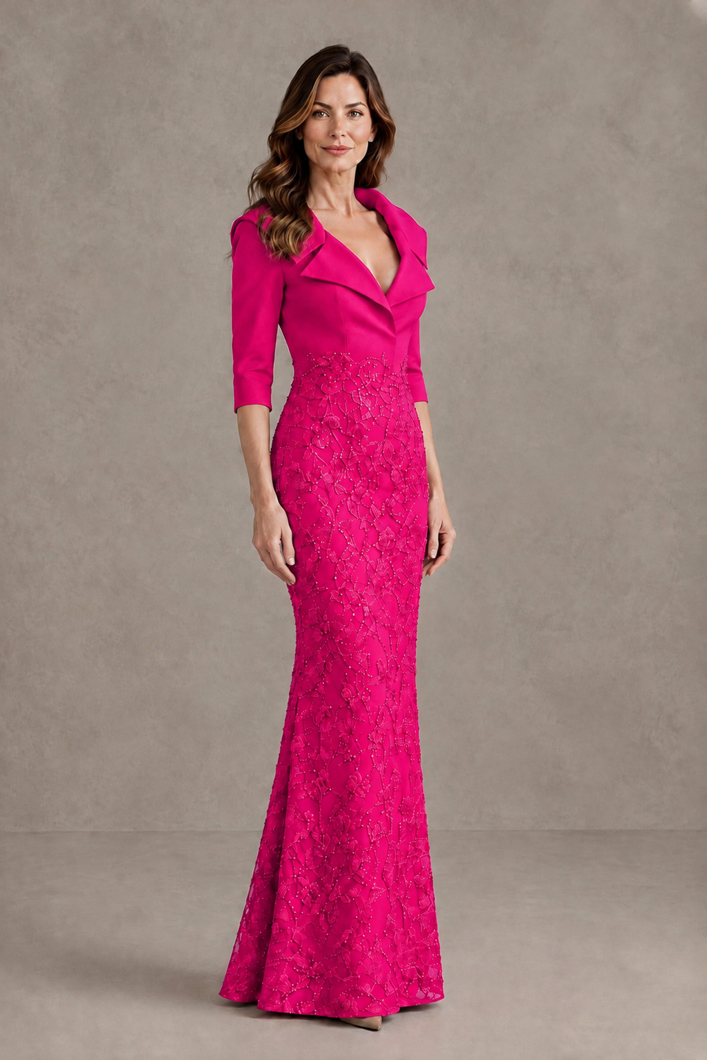 BOLODOO Hot Pink Three-Quarter Sleeve Mermaid Evening Dress with Floral Detail - Hot Pink - Hot Pink_03