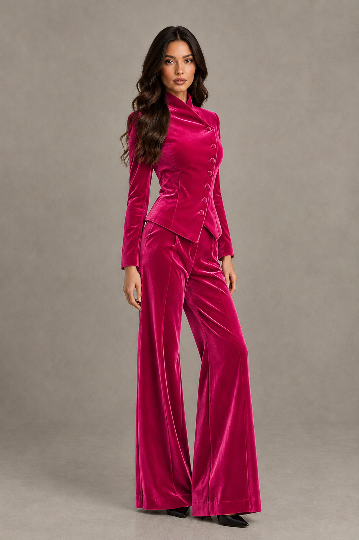 BOLODOO Hot Pink Velvet Two-Piece Pantsuit with Long Sleeve Blazer & Wide-Leg Trousers - Hot Pink - Hot Pink_03