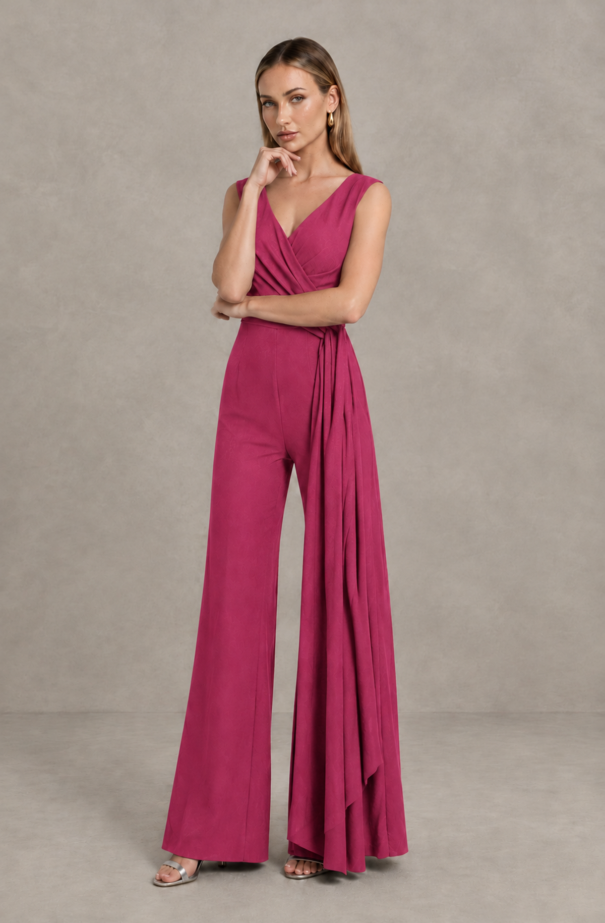BOLODOO Hot Pink Sleeveless V-Neck Wide-Leg Jumpsuit with Side Drape - Hot Pink - Hot Pink_03