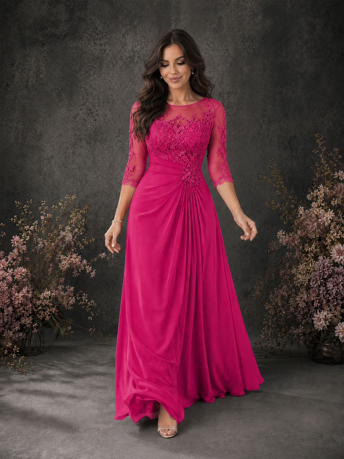 BOLODOO Hot Pink Chiffon Lace Illusion Neckline 3/4 Sleeve Floor Length Formal Gown - Hot Pink - Hot Pink_03