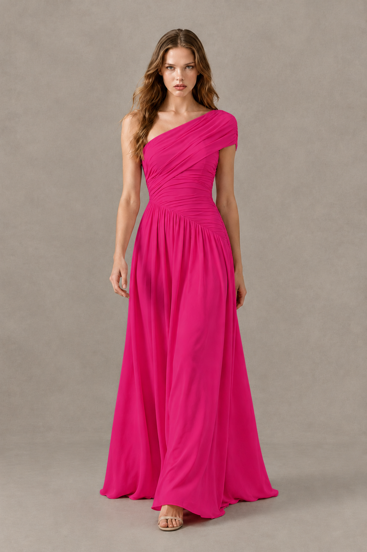 BOLODOO Hot Pink One-Shoulder Ruched Floor-Length Bridesmaid Dress - Hot Pink - Hot Pink_03